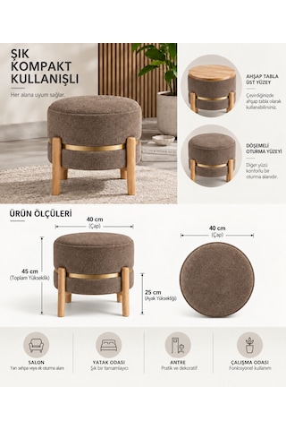Çok Amaçlı Kompakt Çift Yönlü Ergonomik Puf Ve Sehpa İkisi Bir Arada Gürgen Ayaklı Sehpa Puf Vizon