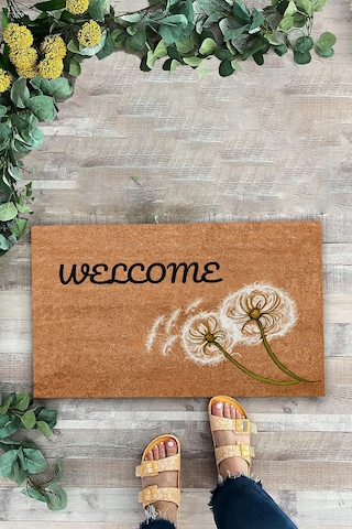 Valerine Life Karahindiba Dilek Otu Temalı Kahverengi Welcome Hoş Geldiniz Kapı Önü Paspası 45x70cm Kahverengi