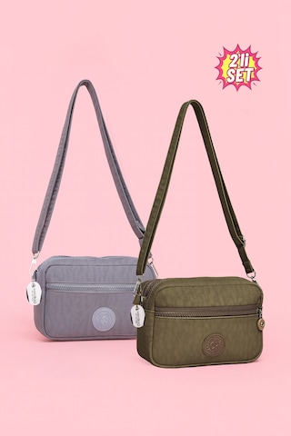 Westbag Kadın Çapraz Askılı Üç Gözlü Fermuarlı Krinkıl Günlük Omuz Çantası 2'li Set Haki - Gri