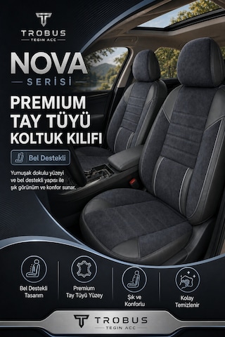 Renault Megane E-tech 2022+ Uyumlu Nova Serisi Tay Tüyü Bel Destekli Füme Siyah Koltuk Kılıfı