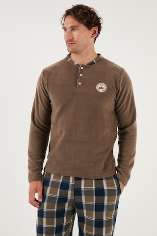 Buratti Ekoseli Regular Fit Düğmeli Bisiklet Yaka Kışlık Polar Erkek Pijama Takımı 60961008 Camel