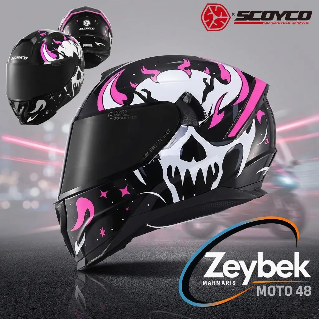 Skull Full Face Kadın Motosiklet Kaskı Güneş Vizörlü,dot & Ce Onaylı Beyaz - Pembe - Siyah
