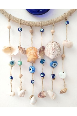 Hdmarketim Nazar Boncuklu Hasır Deniz Kabuklu Duvar Süsü Rüzgar Çanı 11319 Mavi