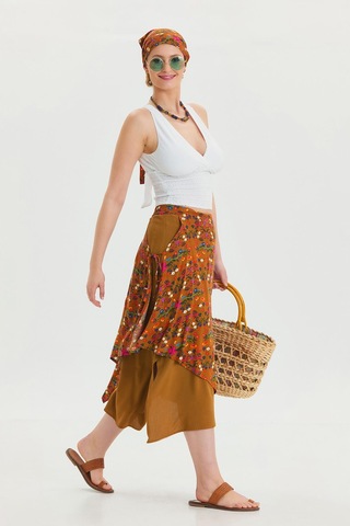 Bağlama Detaylı Beli Lastikli Salaş Etek Hardal