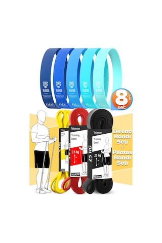 8li Giga Set 5+15+25 Kg + 5li Pilates Direnç Bandı Barfiks Lastiği Loop Band Mavi Ton Çok Renkli