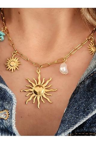 Güneş İnci Firuze Taş Model Charmlı Yaz Beach Plaj Tatil Kolye 46cm Gold