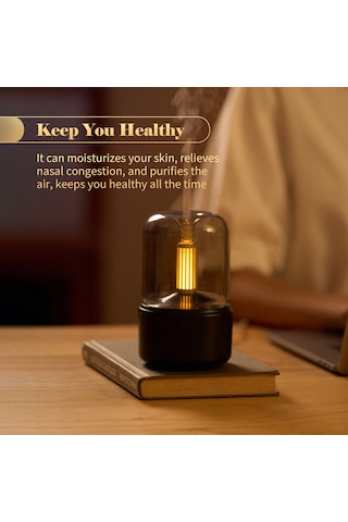 Geeksen Küçük Masaüstü Aromaterapi Makinesi - Retro Mum Işığı Efekti, Otomatik Kapanma Özelliği, Sessiz Nemlendirici Ve Nocta Lambası