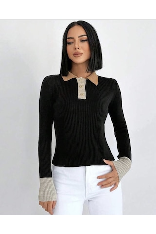 Polo Yaka Slim Fit Triko Bluz Kemer Seviye Kazak Siyah