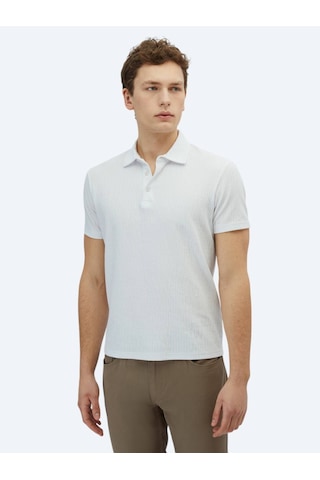 Kip Beyaz Desenli Polo Yaka Pamuk Karışımlı T-shirt Beyaz