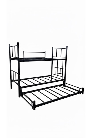 Modern Yıldız Yavrulu Ranza 90x190 Yatak Uyumlu 3 Kişilik Siyah Metal Ranza Karyola
