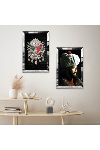 Gümüş Aynalı Pleksi Çerçeveli Fatih Sultan Mehmet Ve Osmanlı Tuğrası İkili Mdf Tablo Seti