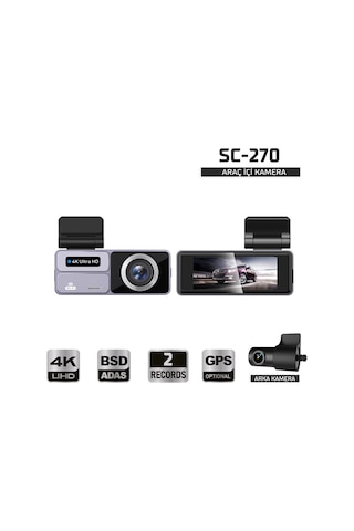 Kayıt Cihazı 4k 3.2'' Dokunmatik Ekran 2 Kameralı Araç İçi Kamera Sc-270