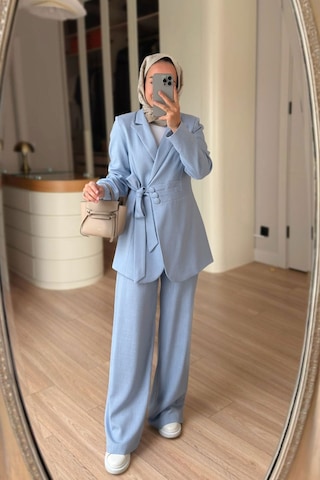 Ka Hijab Bel Detaylı Vatkalı Ceketli Takım - Mavi