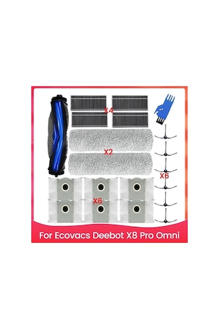 Flybuy Ecovacs Deebot X8 Pro Omni Robot Süpürge Kiti: 1 Ana Fırça, 2 Paspas, 4 Hepa Filtre, 6 Toz Torbası, 6 Yan Fırça