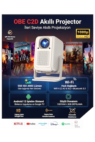 OBE C2D 500 ANSI Lümen 4K Destekli Netflix Sertifikalı 180 Derece Dönebilen Otomatik Odaklı Akıllı Projeksiyon Cihazı