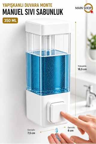 Mainshop 1 Adet Yapışkanlı Duvara Monte Banyo Ve Mutfak Manuel Sıvı Sabunluk 350 Ml Doldurulabilir M-53 Beyaz