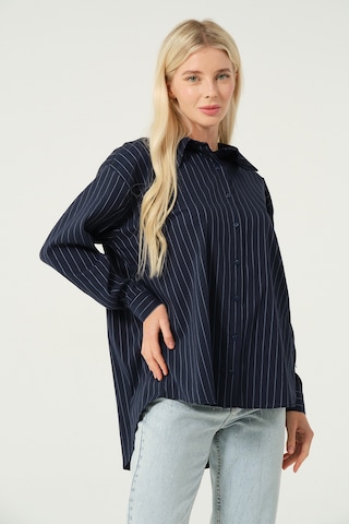 Basic Oversize Çizgili Gömlek Lacivert