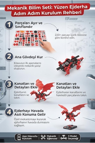 Clemento-ni Uçan Ejderha Kendin Yap 3 Adet Modelli Mekanizmalı Manyetik 220+ Parça Oyuncak Ejderha