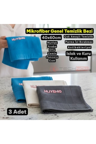 Technow Mikrofiber İngiliz Cam Bezi Mikrofiber Temizlik Bezi Sihirli Bez İz Bırakamayan 3 Adet 60 40 Cm Karışık