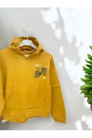 Zekids Erkek Çocuk Mevsimlik Pamuklu Kapüşonlu Kanguru Cepli Sweatshirt-14421 Hardal