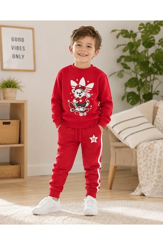 Eray Alp Kids Unisex Çocuk Kırmızı Baskılı Sweatshirt Eşofman Takımı Günlük Rahat Kombin