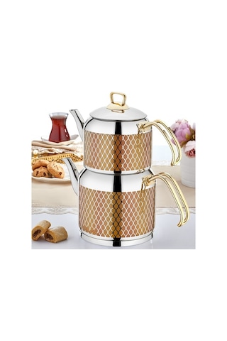 Sıla Dekorlu Gold Çelik Çaydanlık Takımı Seti No 4