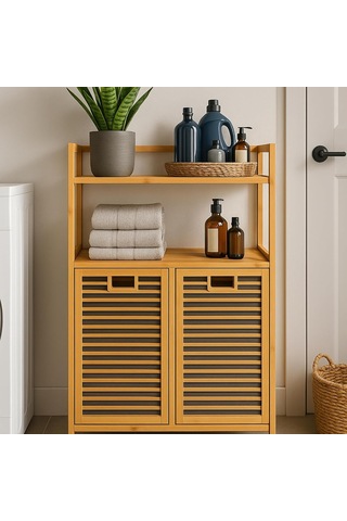 Bambu 2 Kapaklı 240 Lt Çamaşır Dolabı Çamaşır Sepeti Banyo Düzenleyici 90x82,5x33 Cm Açık Raflı Çok Amaçlı Depolama Çok Renkli