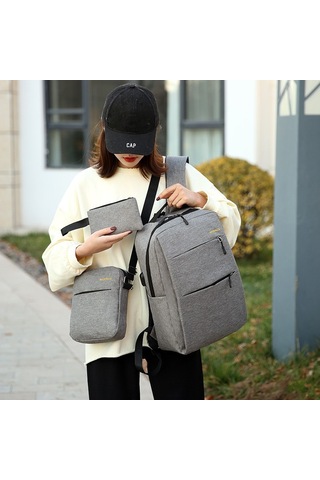 Samdoo Erkek İş & Spor Çift Askılı Çanta, Logo Baskılı, 3'lü Set, Büyük Hacim, Dayanıklı Kumaş, Gri 45x15x28 Cm Gri