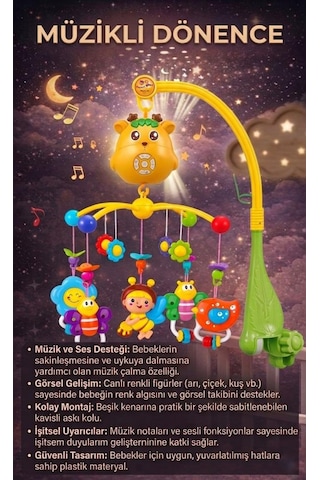 Işıklı Müzikli Sesli Kumanda Edilebilir Renkli Hayvan Figürlü Eğitici Oyuncak Beşik Dönencesi