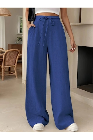 Gülsüm Aydın Kadın Yüksek Bel Bağcıklı Geniş Paçalı Uzun Bürümcük Pantolon Mavi