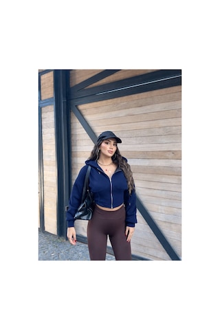 Evoa Kadın Lacivert Oversize Kol Kapüşonlu Crop Hırka