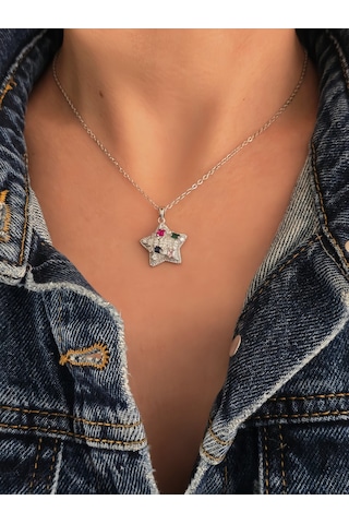 Eva Takı Store Yıldız Model Renkli Zirkon Taşlı Silver Renk Kolye Silver