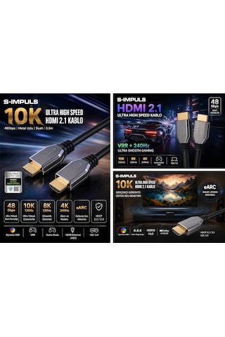 S-ımpuls 10k Ultra High Speed Hdmı 2.1 Kablo 48gbps, Earc, Hdr, Vrr, Metal Konnektör 7.5 Metre