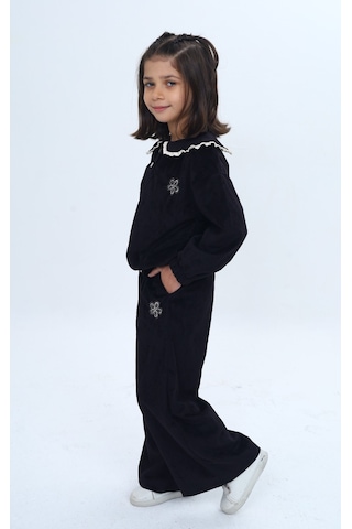 Toontoy Kids Toontoy Kız Çocuk 2'li Takım Yakası Güpürlü Nakışlı Sweatshirt & Beli Lastikli Bol Paça Eşofman Altı - Düğüme Detaylı & Kadife Siyah