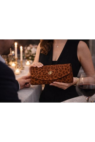 Dukidaso Kahverengi Leopar Desenli Gold Logolu Kadın Portföy Çanta Kahverengi T8309 Kahve