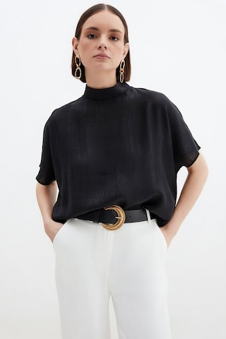 Sateen Desenli Salaş Bluz - Siyah-136689 Siyah