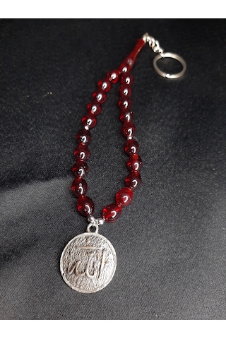 Toz Kehribar Tesbih Anahtarlık Allah Yazılı Metal Süs Çanta Ve Araba Aksesuarı Bordo