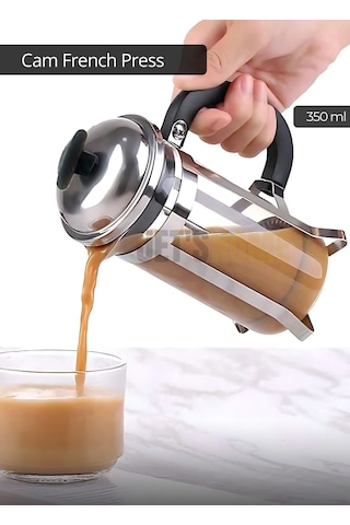 Cam French Press Kahve Demleme Paslanmaz İç Yapı İnox 350 Ml Metalik Gri