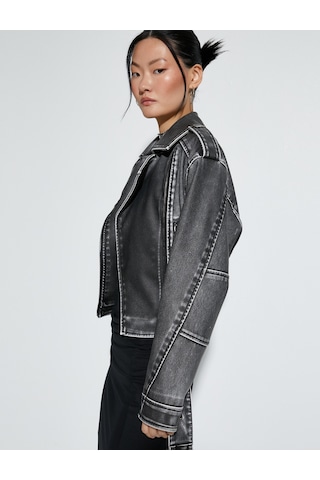 Koton Crop Biker Ceket Suni Deri Kruvaze Fermuarlı Gri 4sak20022ew
