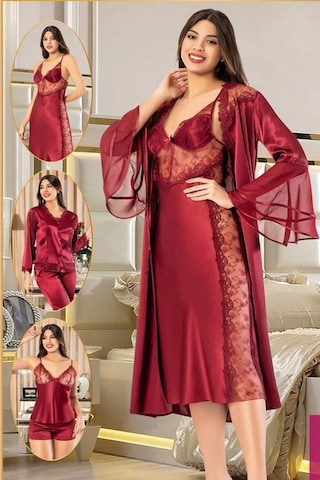 Xses 1005 Kadın Çeyizlik Saten 6'lı Takım-bordo Bordo