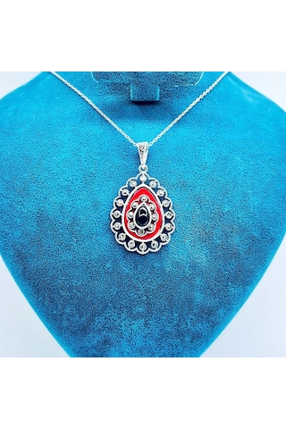Damla Model Mine Ve Oltu Taşı İşçilikli 925 Ayar Gümüş Kolye Kırmızı