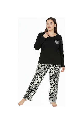Bravie Üstü Yazılı Altı Leopar Desenli Elite Viscose Uzun Büyük Beden Pijama Takımı Siyah 3588 Siyah