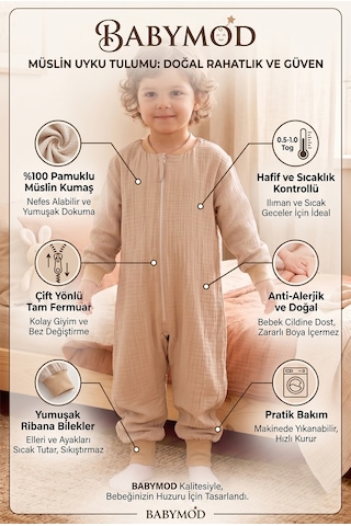 Baby Mod Müslin Uyku Tulumu 1.0 Tog Çocuk Yazlık Uyku Tulumu Uyku Gurusu %100pamuk Doğal Kumaş Bej