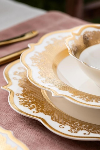 Acar Alesia 60 Parça 12 Kişilik Gold Porselen Yemek Takımı Beyaz - Gold