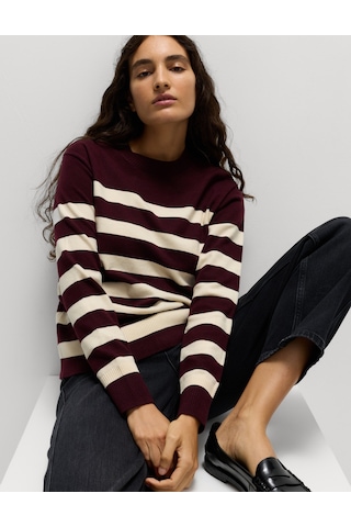 Marks & Spencer Air-yarn Çizgili Yuvarlak Yaka Triko Kazak Bordo