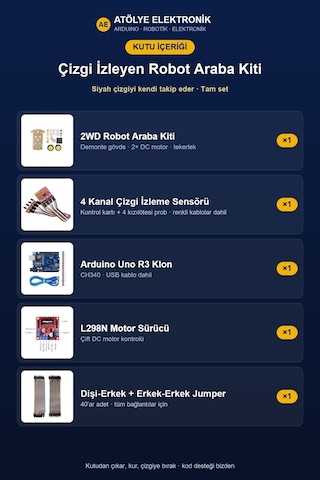 Çizgi İzleyen Robot Araba Kiti 2wd + Arduino + Motor Sürücü + 4 Kanal Sensör - Jumper Hediyeli