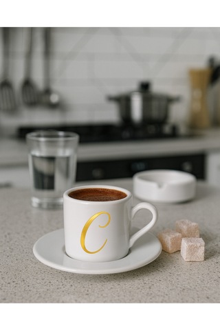 Türk Kahvesi Fincanı Harf, Espresso Fincanı Harf Beyaz - Altın18