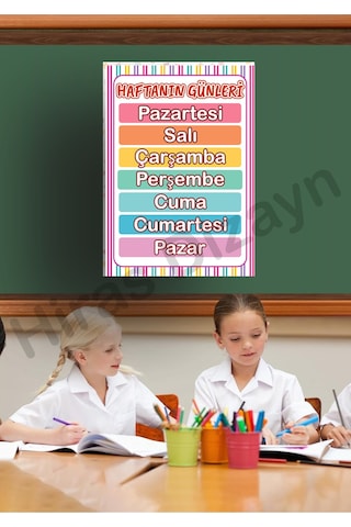 Haftanın Günleri Afişi Eğitici Çocuk Posteri Okul Öncesi İlkokul Sınıf Duvar Panosu Öğretmen Materyali 30x42cm A3 Kalın Kuşe Kağıt