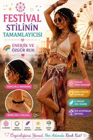 Kadın El Örgüsü Üçgen Bandana Halhal Ayak Bilekliği Hediyeli Bohem Yazlık Saç Bandanası Plaj Tatil Festival Aksesuarı Siyah