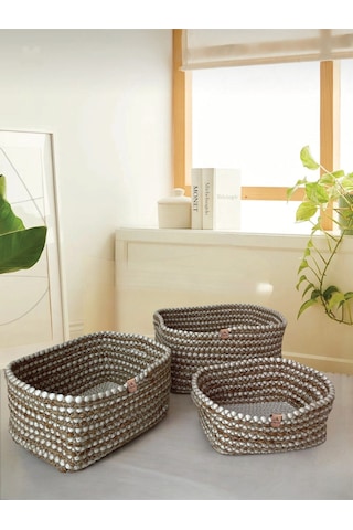 3'lü Hasır Görünümlü Düzenleyici Sepet - Leke Tutmaz - Kahverengi Kahverengi